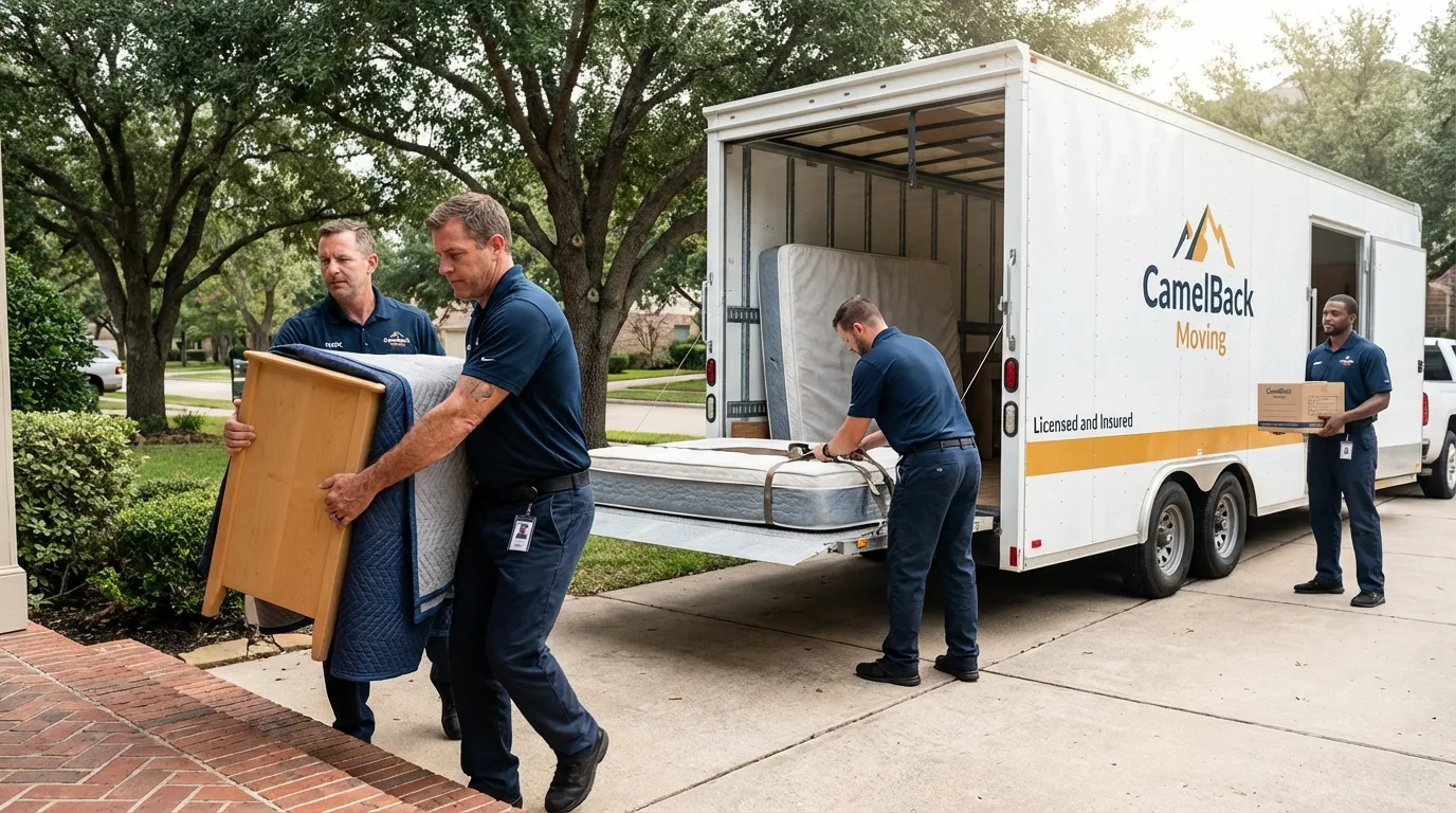 Crew loading residential truck for cross-state move from Welsh, LA