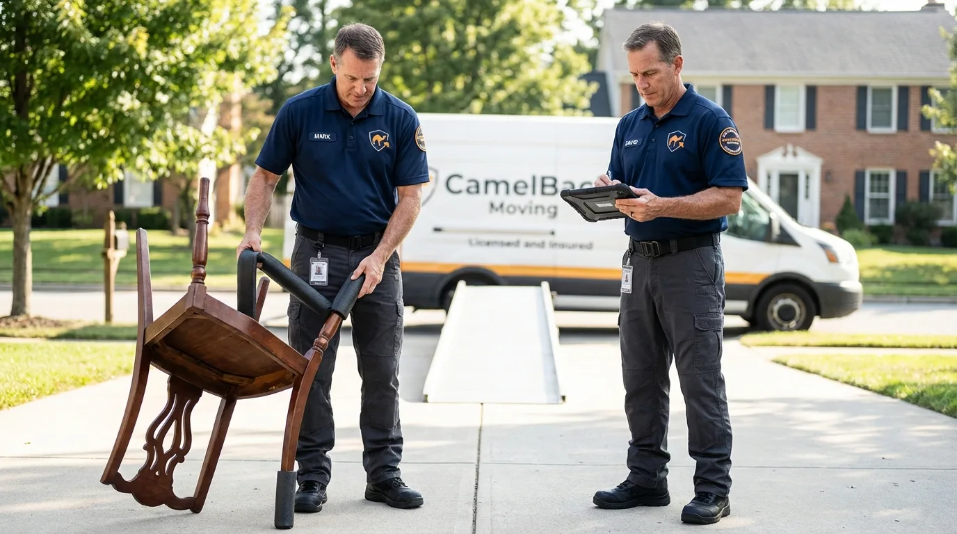 Movers inspecting furniture for damage prevention before loading in Welsh, LA