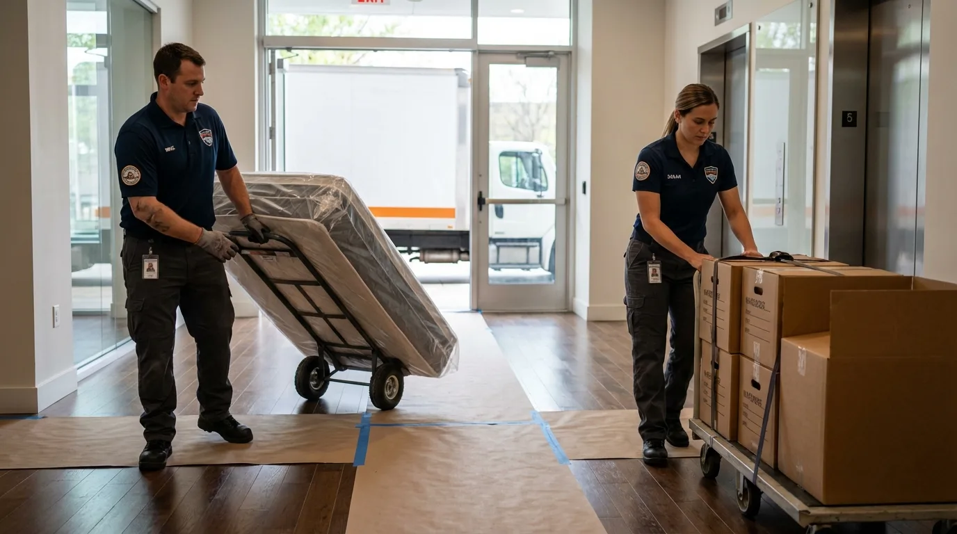 Professional apartment movers loading elevator in Welsh, LA